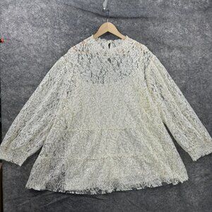 Cato Top Womens 26 / 28W Cream Sheer Lace Sequin High Neck Babydoll Cottage NEW